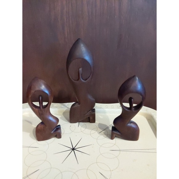 Hand Carved African Sculpture Lot of 3 Wood Abstract Family Figurines 6 & 8 inch - Picture 3 of 10